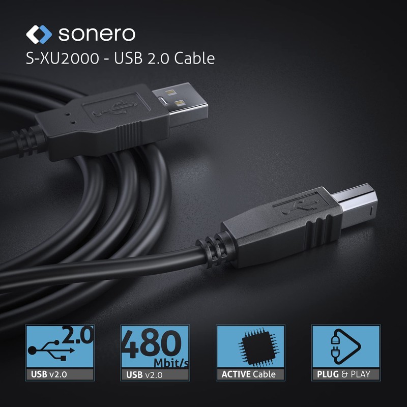 sonero® USB 2.0 Kabel, aktives Verbindungskabel mit Signalverstärker, Druckerkabel, USB-A
