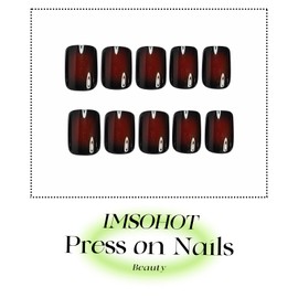 IMSOHOT Short Press on Nails Square Fake Nails Black Red Ombre Acrylic False Nails with Designs Full Cover Glossy Squoval Nail Supplies Goth Glue on Nails for Women 24Pcs Nail Manicure