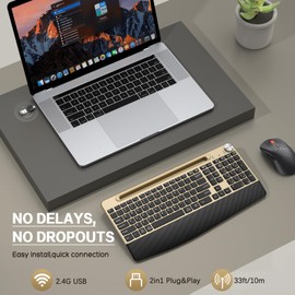 GAMCATZ Ergonomic Wireless Keyboard and Mouse with Wrist Rest，Phone Holder - 2.4GHz Full-Sized Low-Profile Quiet Gold Wireless Mouse and Keyboard Combo for Computer, Laptop, PC, Mac-Gold