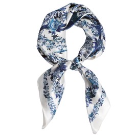 FEIBOON 100% Pure Mulberry Silk Scarfs 27"x27" Square Scarf Women Neckerchief Headscarf hair scarf bandana Gift Packed, White and Blue Flowers and Birds, 21in