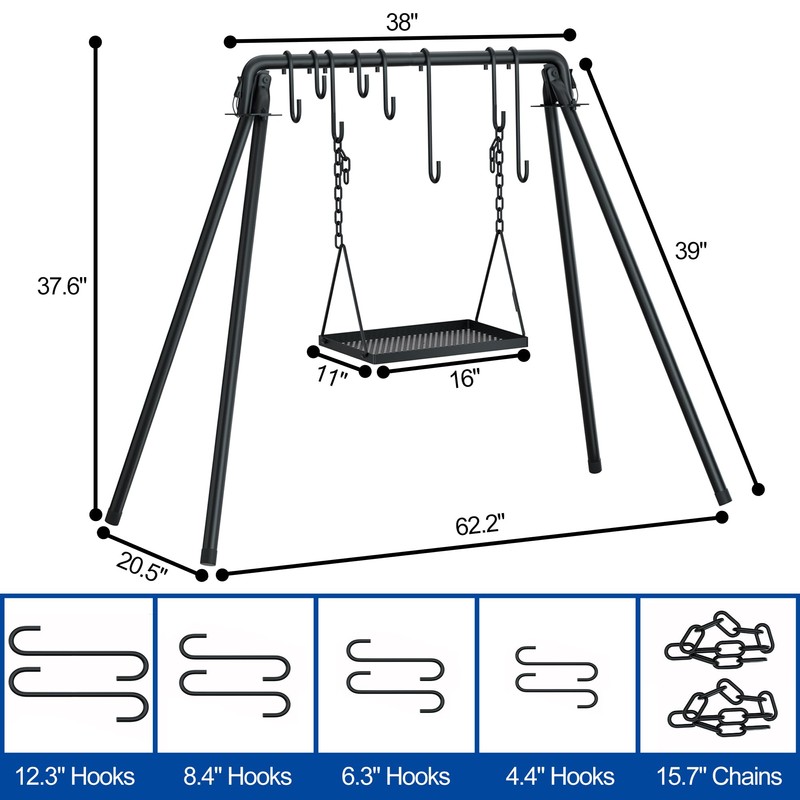 RELIANCER Grill Swing,Campfire Grill Cooking Stand w/8 Hooks & Storage