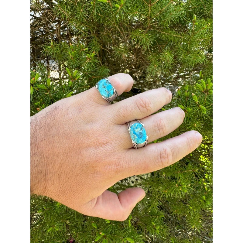 HarlemBling Blue Genuine Turquoise Mens Real Solid 925 Sterling Silver