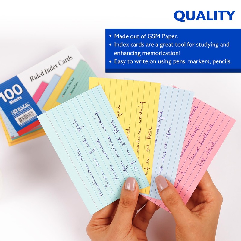 BAZIC 100 Ct. 3" X 5" Ruled Colored Index Card