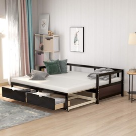 Wooden Daybed with Trundle Bed and Two Storage Drawers Extending Bed Daybed for Adult and Kids, Wooden Daybed with Storage Drawers Twin to King Design, No Box Spring Required (Espresso,with 2 Drawers)