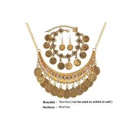 QRH Bohemian Coin Necklace Bracelet Earrings Set Gold Silver Coin Pendant Gypsy Costume Jewelry for Women- Silver