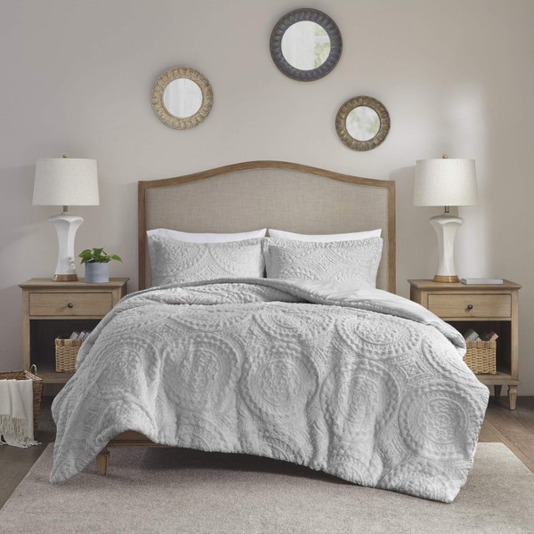 Madison Park Arya Medallion Pattern Ultra Soft Luxury Premium Plush Comforter Mini Bedding Set, King, Grey
