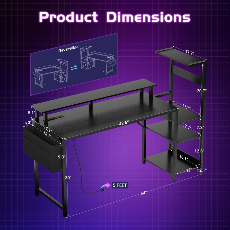 Gaming Desk 54 Inch Computer Table with Storage Shelves &