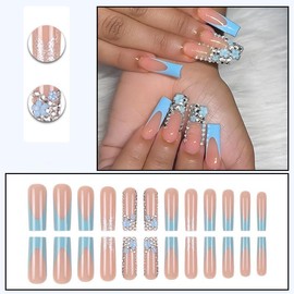 Square Press on Nails Long False Nails Blue Ombre Fake Nails Rhinestones Artificial Nails Flower Stick on Nails Cute Sparkly Glue on Nails for Women 24Pcs