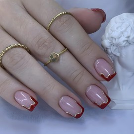 24Pcs French Tip Press on Nails Short Square Fake Nails with Glue Irregular Lines Stick on Nails Reusable French Acrylic Nails Full Cover Nude False Nails French Tips Artificial Nails for Women Girls