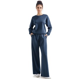 SUUKSESS Women Modal 2 piece outfits Oversized Sweatshirt Fall Lounge Set Wide Leg Pants Matching Sets (Navy Blue,L)