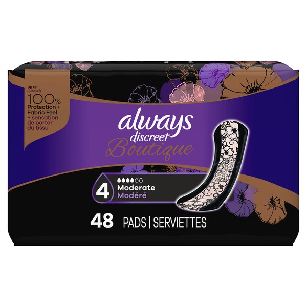 Always Discreet Boutique Incontinence Pads, Size 4, Moderate Absorption, 48 Pads