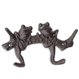 Abbott Collection Frogs on Branch Decorative Double Wall Hook - Cast Iron, Dark Brown (7" L)