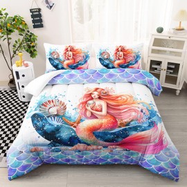 Ntlfup Mermaid Comforter Set Twin Size, Cute Mermaid Conch Sea Shell Bedding Set with Fish Scale Design for Kids Girl, Ocean Theme Duvet Set with 2 Pillowcases