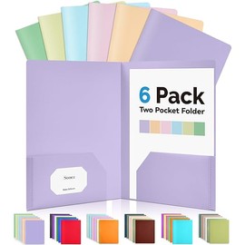 Sooez 6Pack Folders with Pockets, Pastel Colors, Heavy Duty Plastic Folders, 2 Pocket File Folders, School & Office Filing Supplies