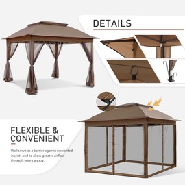 COOS BAY 11x11 Pop-Up Instant Gazebo Tent with Mosquito Netting Outdoor Canopy Shelter with 121 Square Feet of Shade (Brown)