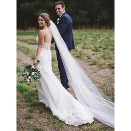 EASEDAILY Wedding Veils Ivory Long Cathedral Length 1 Tier Bridal Tulle Veil with Comb for Women and Brides (A-118 Length-118 Width, B-Ivory)