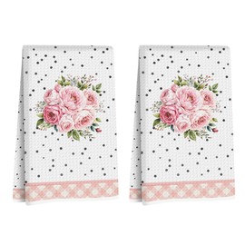 2Pcs Flower Kitchen Towels 24x14 Inch, Pink Floral Grid Reusable Microfiber Dish Towels, Waffle Weave Hand Tea Towel for Kitchen Home Bathroom Farmhouse Decor, Flowers Gifts for Women Friend