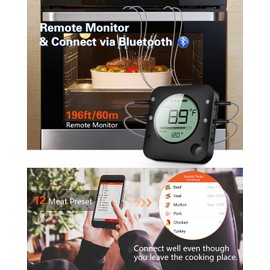 BFOUR Bluetooth Meat Thermometer for Grilling, Wireless BBQ Thermometer with 4 Probes, Wireless Digital Thermometer for BBQ, Smoker, Grill, Oven, Cooking and Kitchen, Timer, Alarm