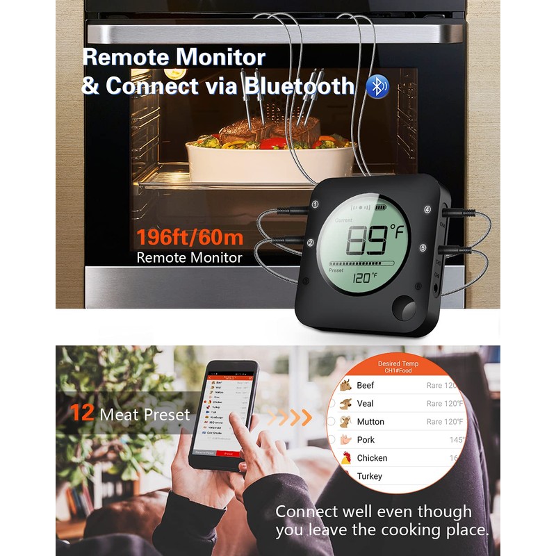 BFOUR Bluetooth Meat Thermometer for Grilling, Wireless BBQ Thermometer with