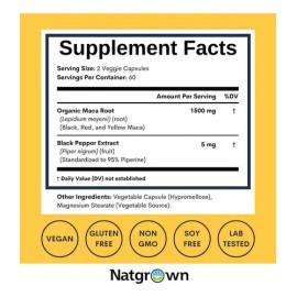 Natgrown Maca Orgánica 1500 Mg Triple Mezcla 120 Cápsulas