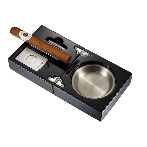 Visol Bremen Black Lacquer Folding Cigar Ashtray with Cutter and Punch