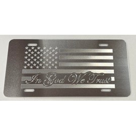 in God We Trust US Flag Brushed Silver Car Tag Diamond Etched Engraved License Plate