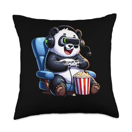 Gamer Panda Popcorn Gaming Chair Headphones Games Player Throw Pillow
