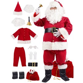 Soulty Men's Santa Claus Costume 11pcs Deluxe Red Velvet Christmas Santa Suit for Men Adult Xmas Clause Outfit for Party L