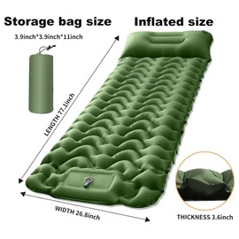 Camping Sleeping Pad,10cm Thick Sleeping Air Mattress with Pillow,Self Inflating Camping Sleeping,Compact Mattress Pad Built-in Foot Pump for Backpacking, Hiking, Traveling (Green, Single)