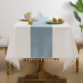 Softalker Outdoor Tablecloth Rectangle, Waterproof Linen Cotton Farmhouse Table Cloths with Tassel, Heavy Weight Wrinkle Free Fabric Table Cover for Dining/Party/Rustic - 55 x 120 Inch, Blue Stripe