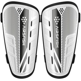 Upgraded Soccer Shin Guards Kids Youth, CE Certified AirsFish Shin Pads Protection Gear for 2-18 Years Old Boys Girls Teenagers EVA High Impact Resistant Breathable Comfortable 1 Pair White+Black M