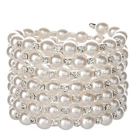Kicomvi Imitition Pearl Stretch Bracelet Multilayer Crystals Pearl Elastic Bangle for Women Wedding Jewelry 1920s Costume-B Sliver