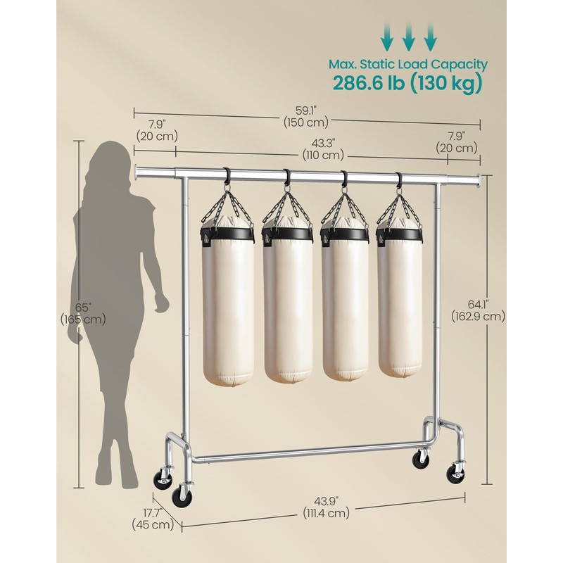 SONGMICS Clothes Rack with Wheels, Heavy-Duty Garment Rack with Extendable
