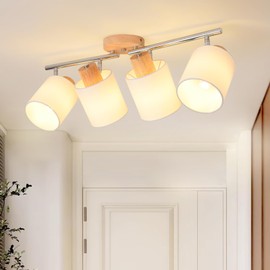 LED 4 Light Track Lighting Kit, Wooden Ceiling Spotlights with Fabric Shades, Modern Track Light Fixture with Flexibly Rotatable Light Heads for Kitchen, Living Room, Bedroom(E26 Socket, NO Bulb)