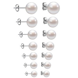 JEXOWIQ Pearl Earrings – 7 Pairs Pearl Earrings, Silver Pearl Stud Earrings Set, Hypoallergenic, Small Silver Stud Earrings, Pearl Stud Earrings for Women, Girls, Men, 4/5/6/7/8/10/12 mm