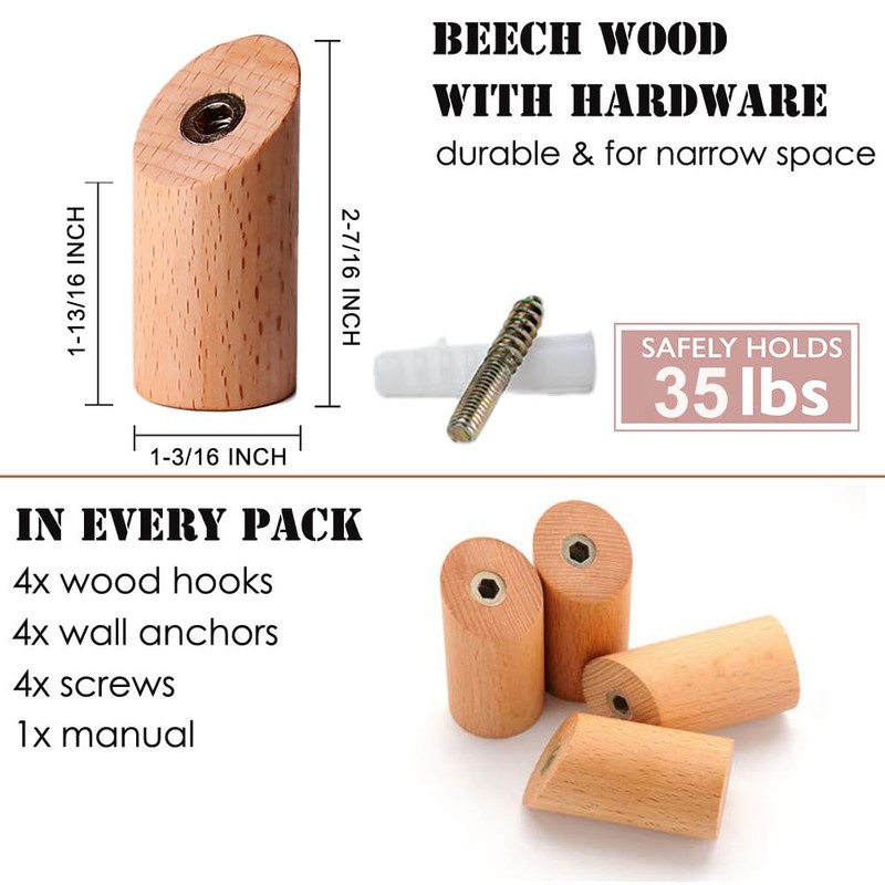 Felidio Wood Wall Hooks, 4 Pack Coat Hooks Mounted Rustic
