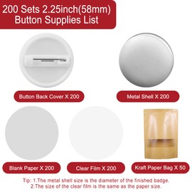 Hicdaw 200 Sets of 58mm(2.25 in) Button Maker Supplies for Button Maker Machine, Includes Blank Button Badge Parts, Metal Caps, Metal Cover, Clear Film, and Blank Paper for Pin Maker Machine