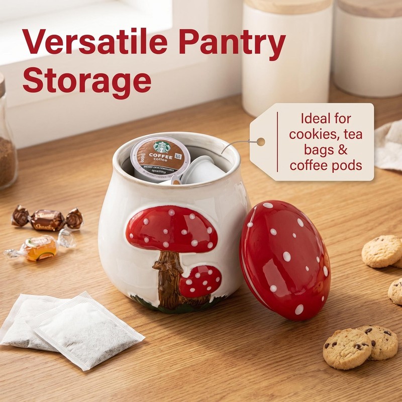Ceramic Airtight Cookie Jar with Lid Mushroom Candy Canister Relief