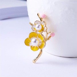 AILUOR Women's Elegant Enamel Plum Flower Brooch Fashion Gold Plated Pearl Flower Brooch Lapel Pin Bridal Wedding Corsage Jewellery Gifts Plum Adjustable, Metal