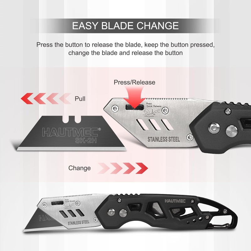 HAUTMEC Folding Utility Knife with 10-Pack SK2H Blades, Heavy-Duty Aluminum
