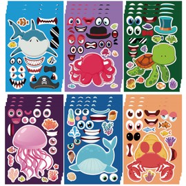 24 Sheets Make Your Own Sea Animals Stickers Make A Face Stickers for Kids Toddlers with Shark Jellyfish Hermit Crab Turtle Octopus Dolphin DIY Craft Stickers Kids Party Favor Supplies Crafts