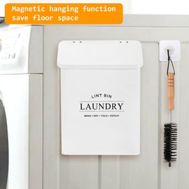 Tefola Magnetic Lint Bin for Laundry Room – Metal Lint Holder Box with Lid & Dryer Lint Brush – Durable Metal Trash Can for Dryer Lint Collection – Farmhouse-Style Laundry Organizer(White B)