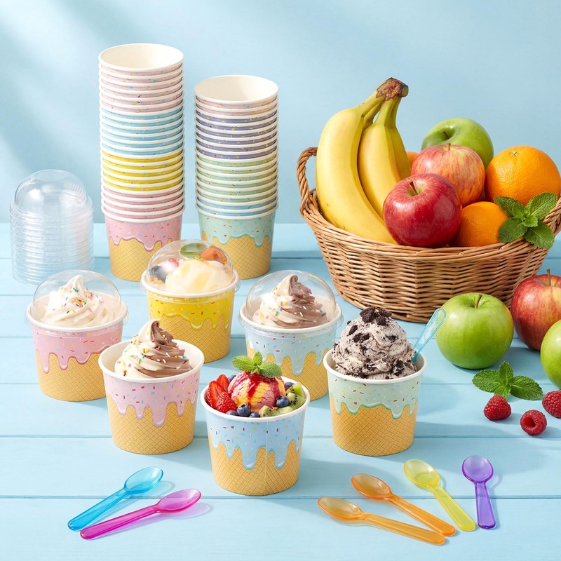 Jingmore 60 Set 4oz Ice Cream Paper Cups with Lids