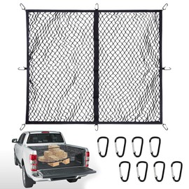 XJJAUGKLY Luggage Net 120 x 120 cm, Stretchable up to 210 x 210 cm, Highly Elastic Luggage Net, Truck Bed Organiser with 6 Steel Carabiners, Boot Net, Separation Net, Luggage Fixation for Trucks, Cars