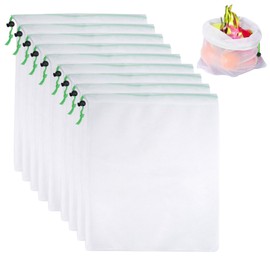 Pack of 10 Mesh Bags with Drawstring, 35 x 30 cm, Reusable, Washable, Portable Drawstring Mesh Bags, Foldable for Food, Vegetables, Fruits, Bakery, Household, Toys, Small Parts (Translucent), Green,