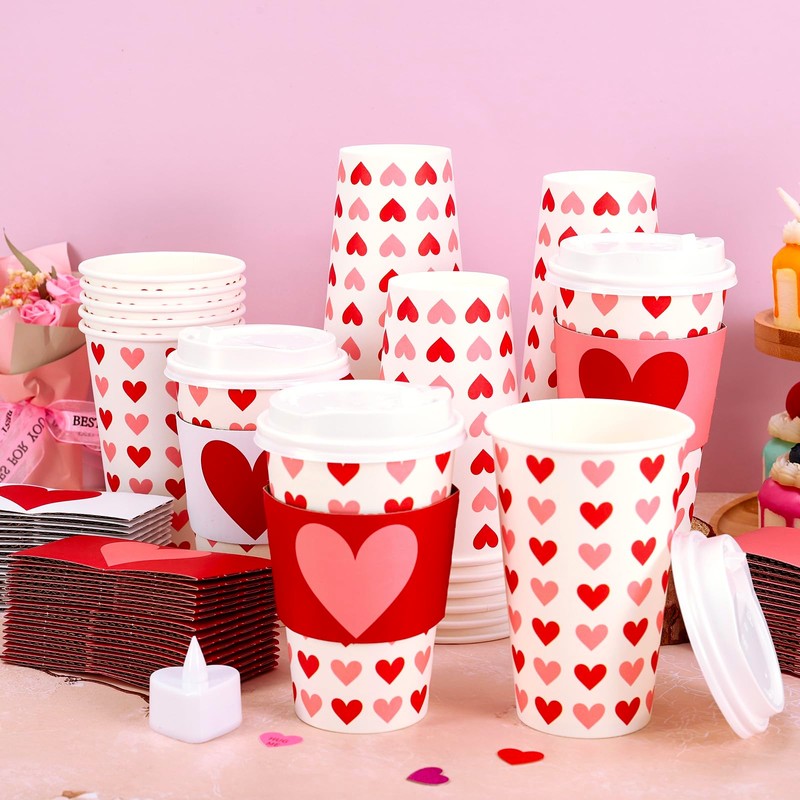 48 Sets Valentine's Day Disposable Coffee Cups with Lids and
