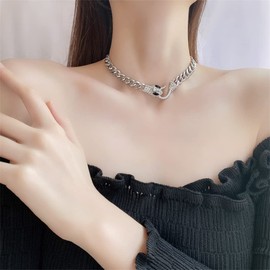GulCean Snake Choker Necklace for Women Men Silver Zircon Stainless Steel Trendy Edgy Viking Goth Aesthetic Python Charm Cuban Chain Choker Necklace Non Tarnish Hypoallergenic Jewelry (Silver)