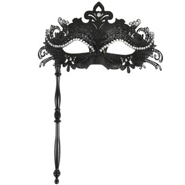 Aimeein Masquerade Mask with Stick Handheld Venetian Mask Black Mardi Gras Mask for Women