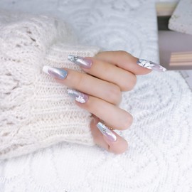 farfarflame Handmade Nail Tip, Long, Korean Popular, Pink, Ballerina, Magnet, Stone, Glossy, Stylish, Cute Design, Party False Nails, Pack of 10 (Mist and Flowers, S)