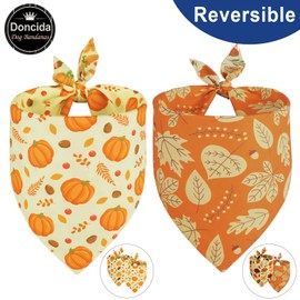 Doncida Fall Dog Bandanas 2 Pack, 4 Pattern Reversible Triangle Fall Pumpkins Autumn Leaves Thanksgiving Scarf for Medium and Large Dogs, Premium Durable Fabric Bibs for Pets (Large)